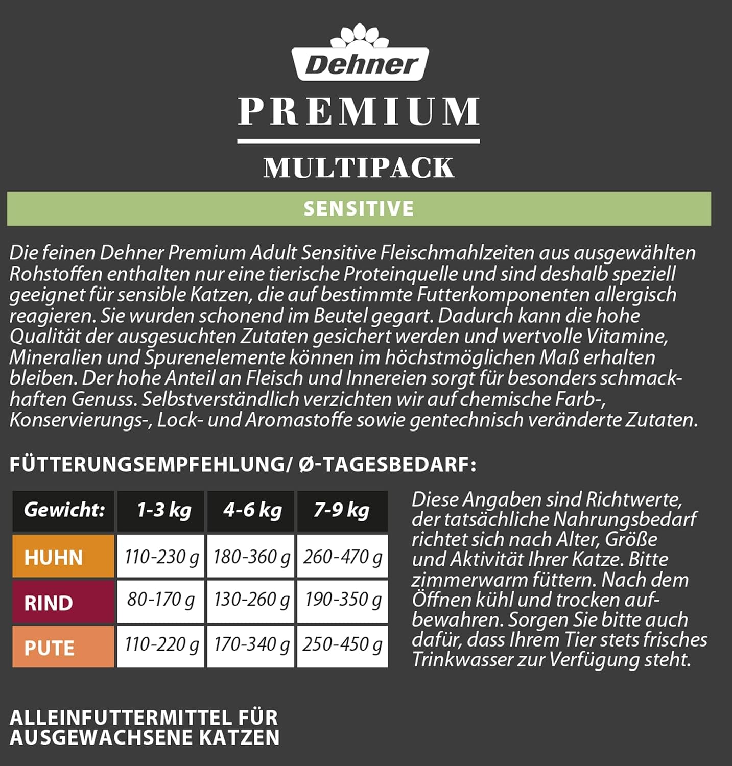 Dehner Premium Katzenfutter Sensitive Multipack, Nassfutter, für Ernährungssensible Katzen, er 4 x Huhn / Rind / Pute, 12 x 100 g pose (1,2 kg)