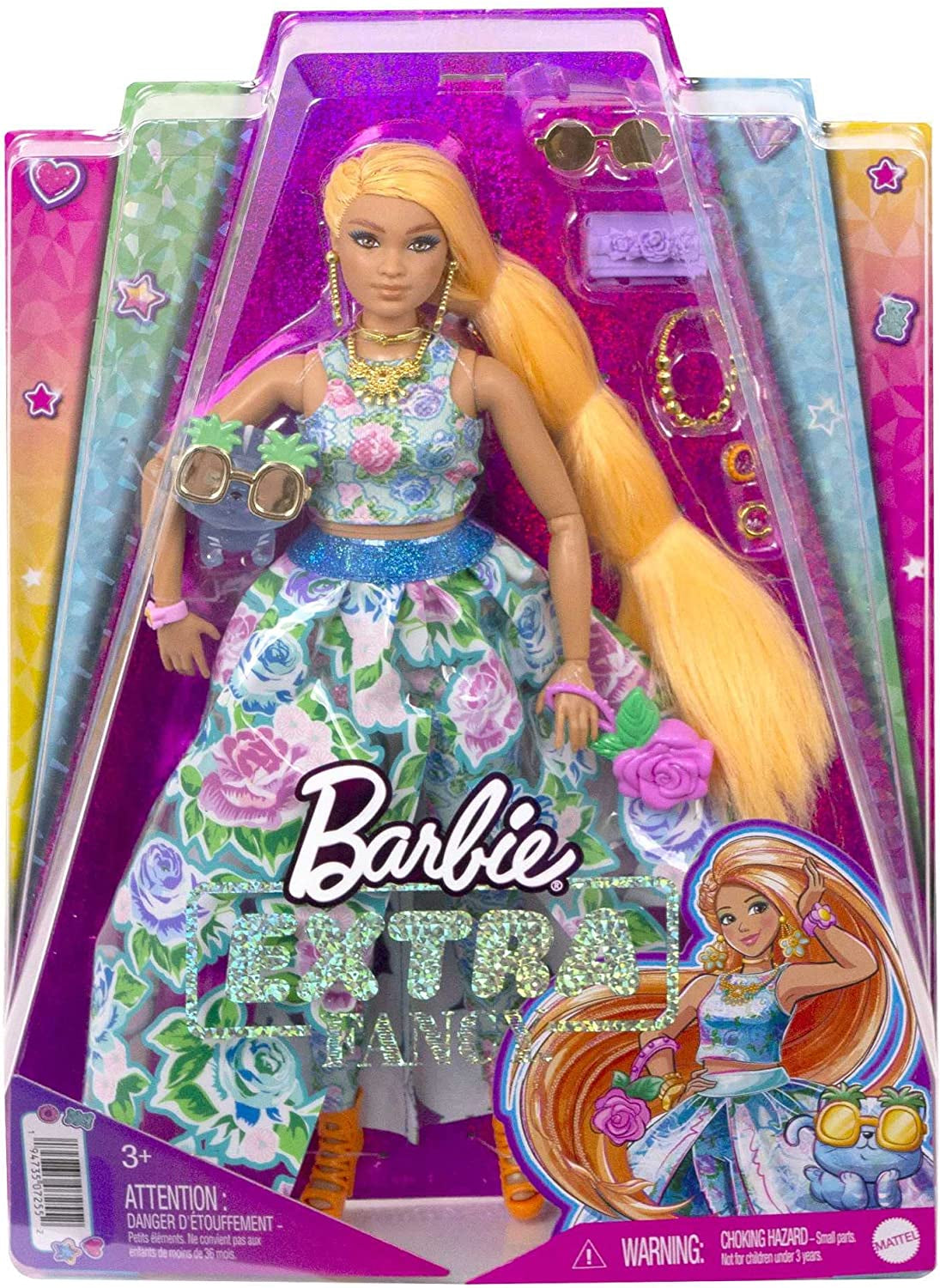 Barbie ekstra fancy, kurvet langt jordbærblondt hår, todelt jakkesæt, blå kat, lyserød taske, ananas solbriller inklusive dukke, egnet som gave, Hhn14 Naty Shop Dolls