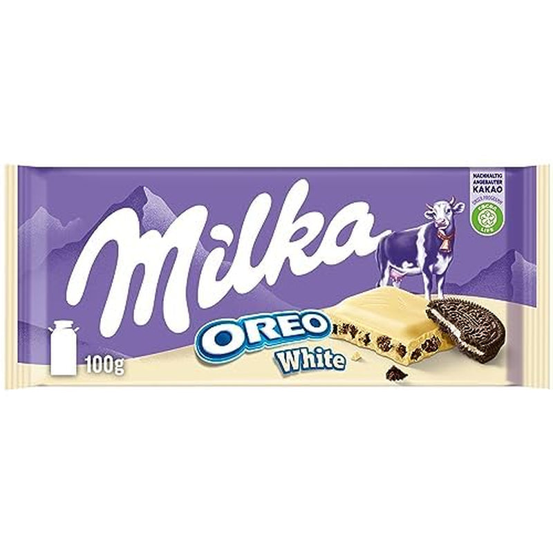 Milka Oreo Sandwich – Alpine mælkechokolade, fyldt med sprøde stykker Oreo cookies og glat vaniljecreme – 92g