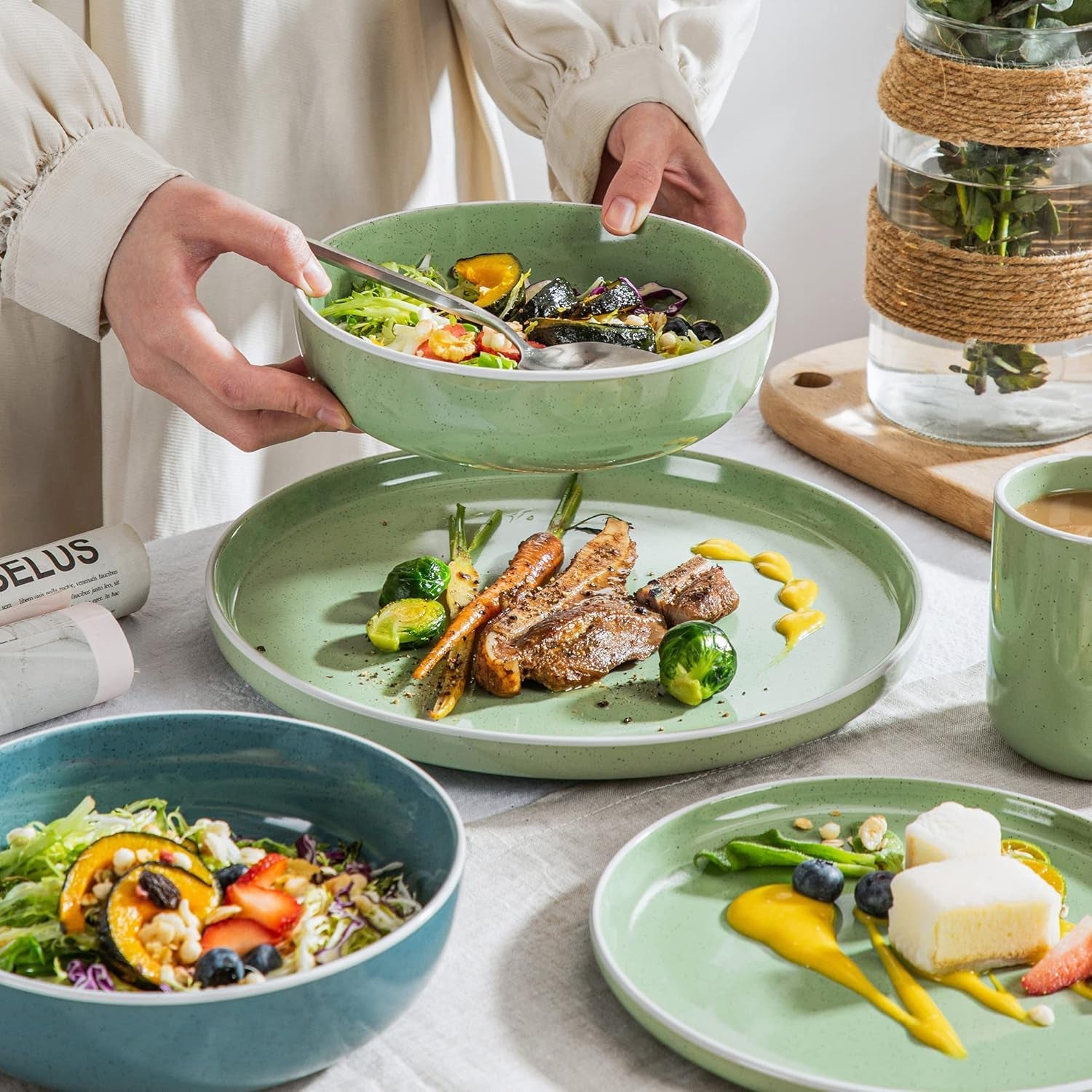 vancasso SESAM Serie Steingut Geschirrset for 12 Personen, 48 Teiliges Kombiservice – Tafelservice mit Speisetellern, Desserttellern, Müslischalen und Kaffeetassen, Scandinavian Design