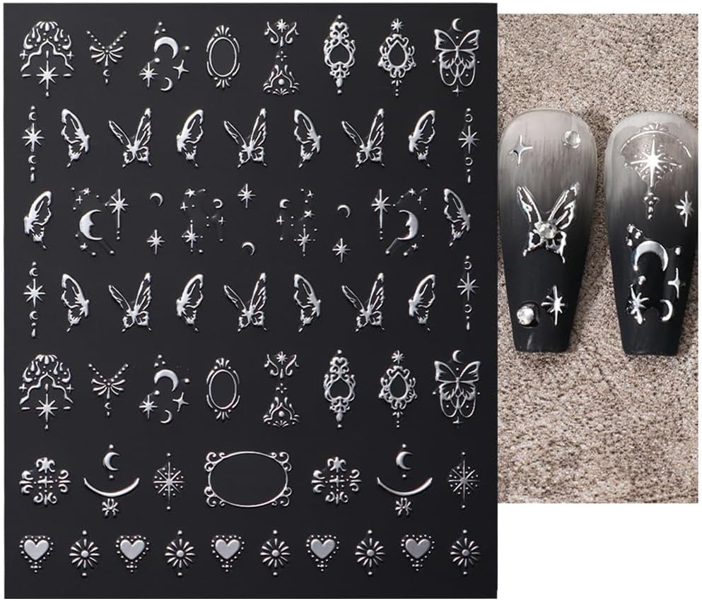 3D sølv metalliske neglestickers, neglestickers til kvinder, stjerne, måne, sol, neglefolie, selvklæbende stickers, sommerfugle negle stickers, negle stickers, negledesign tilbehør, 8 stk.