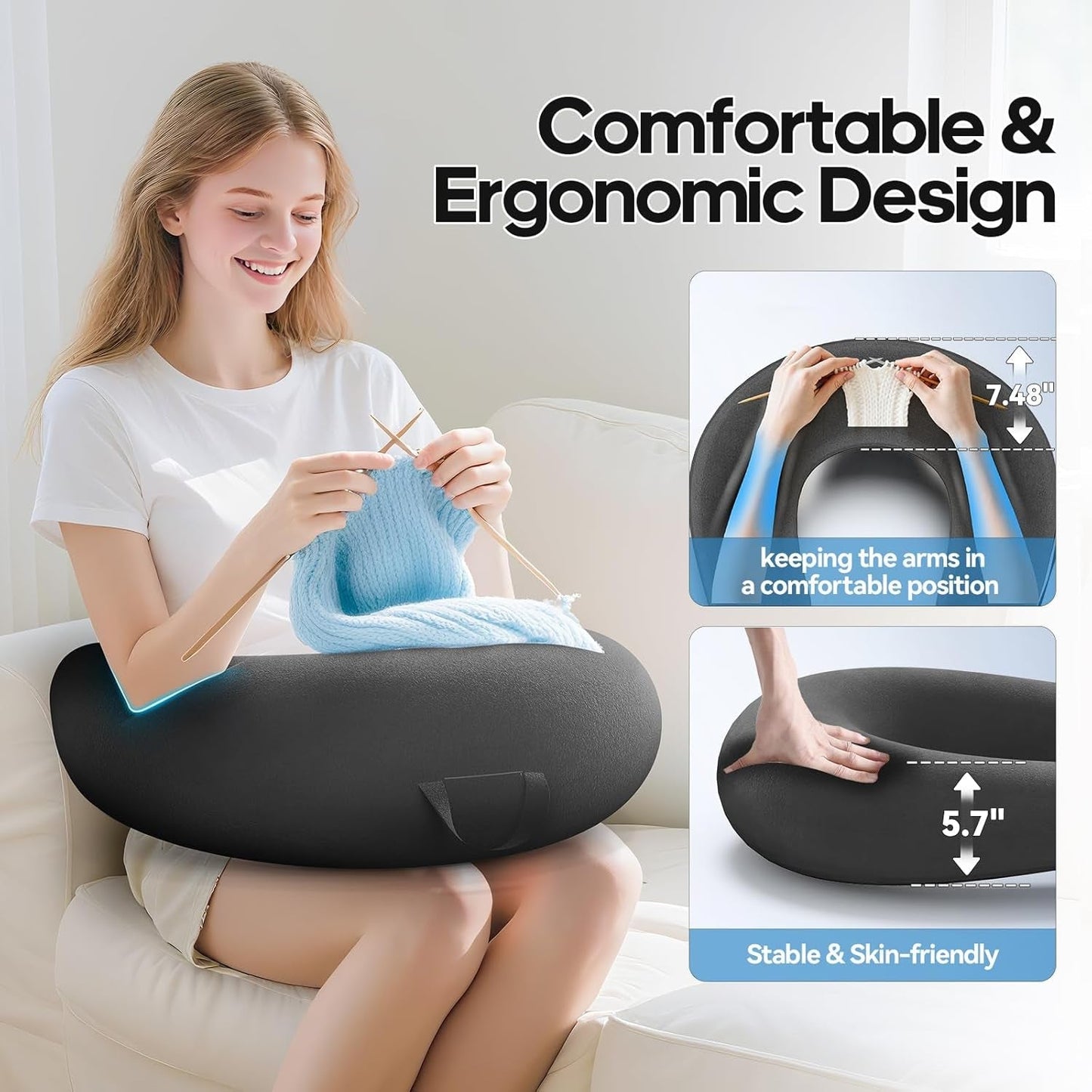 Spil- og læsepude, læsepude til seng/sofa/gulv, fodrings-/hæklepude med stor ergonomisk spillepude, gamerpude til iPad/laptop - sort