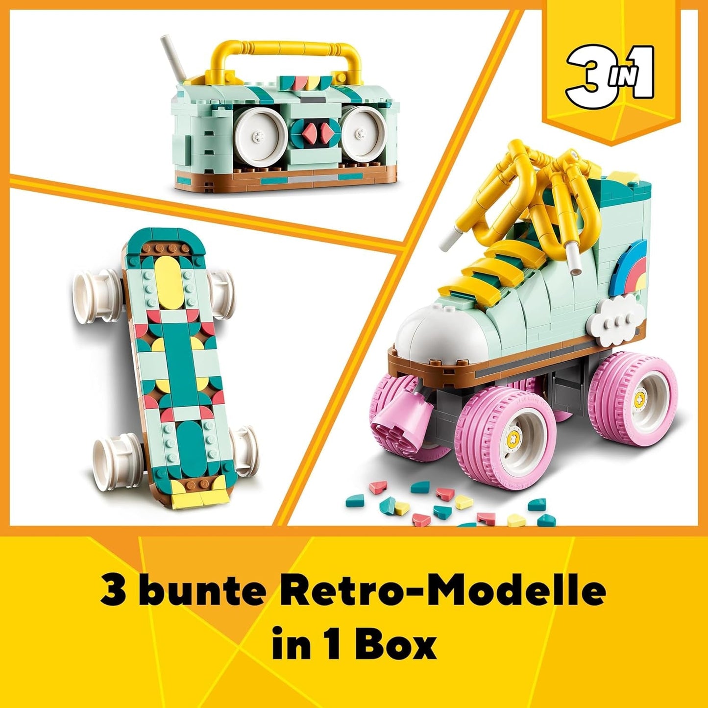 LEGO Creator 3In1 Rulleskøjtetøj til piger og drenge med miniskateboard og bomkasse, retro soveværelsesindretning, fødselsdagsgave til 8 år 31148 Byggesæt Besuche den LEGO-Store