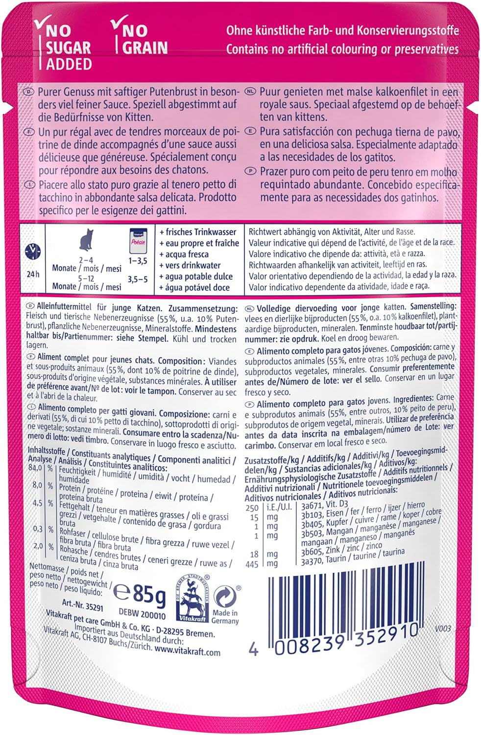 Vitakraft Poésie Délice, Junior, Vådfoder til katte, Vådfoder i sauce, med kalkun, Multipack, til unge katte, Uden tilsat sukker eller korn (23 x 85g)