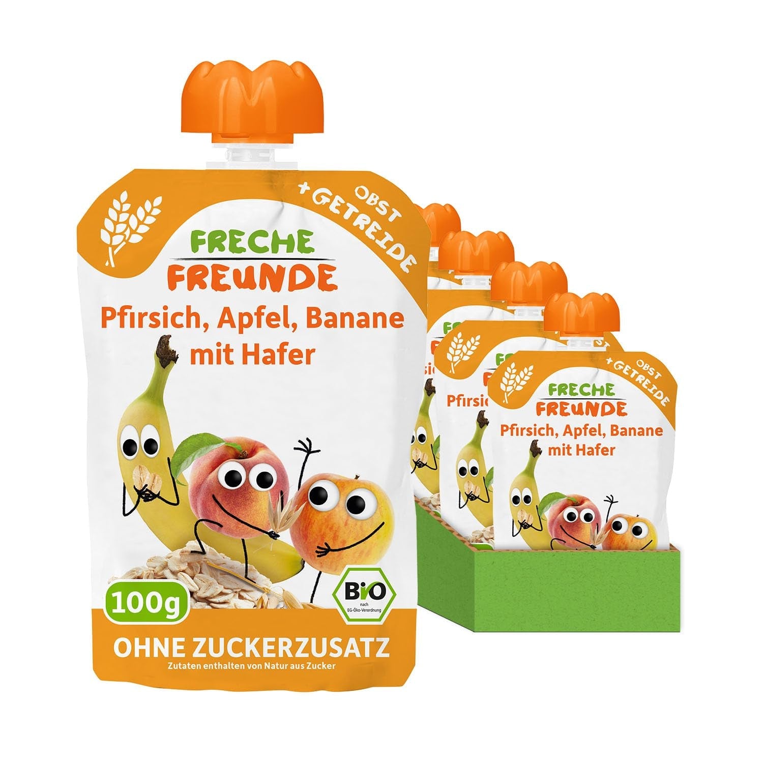 FRECHE FREUNDE Fersken Æble Banan Havre Økologisk frugtpuré med korn i en pose, der kan presses til babyer 6 måneder+ Vegan 6 Pack (6 x 100 g)