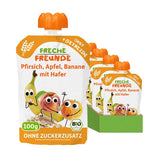 FRECHE FREUNDE Fersken Æble Banan Havre Økologisk frugtpuré med korn i en pose, der kan presses til babyer 6 måneder+ Vegan 6 Pack (6 x 100 g)