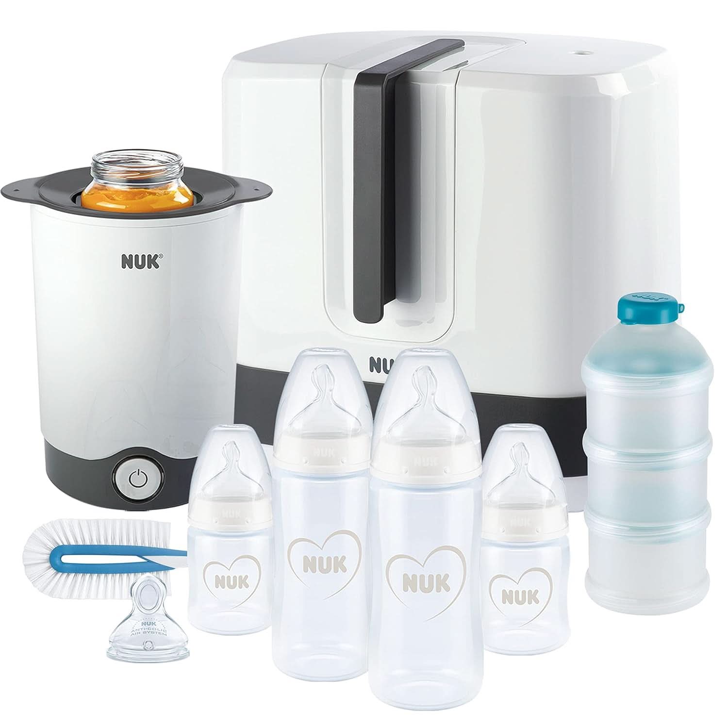 NUK manuel brystpumpesæt, blød silikonepude, 2 perfekt matchede flasker, 150 ml babymad og ammetilbehør Naty Shop First Choice+ sæt