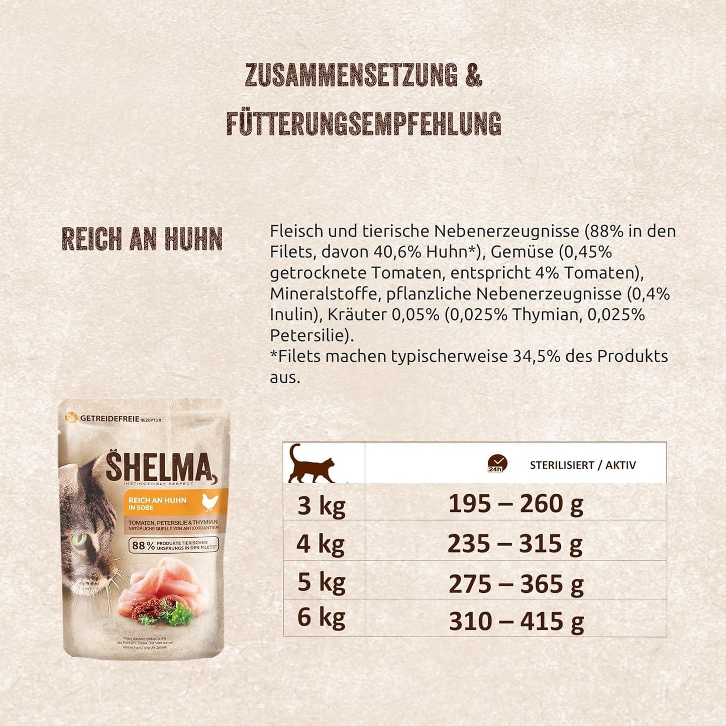 Shelma våd kattefoder med kylling i tomat- og urtesauce - komplet kornfrit foder med højt kødindhold - 28 x 85 g (2,38 kg)