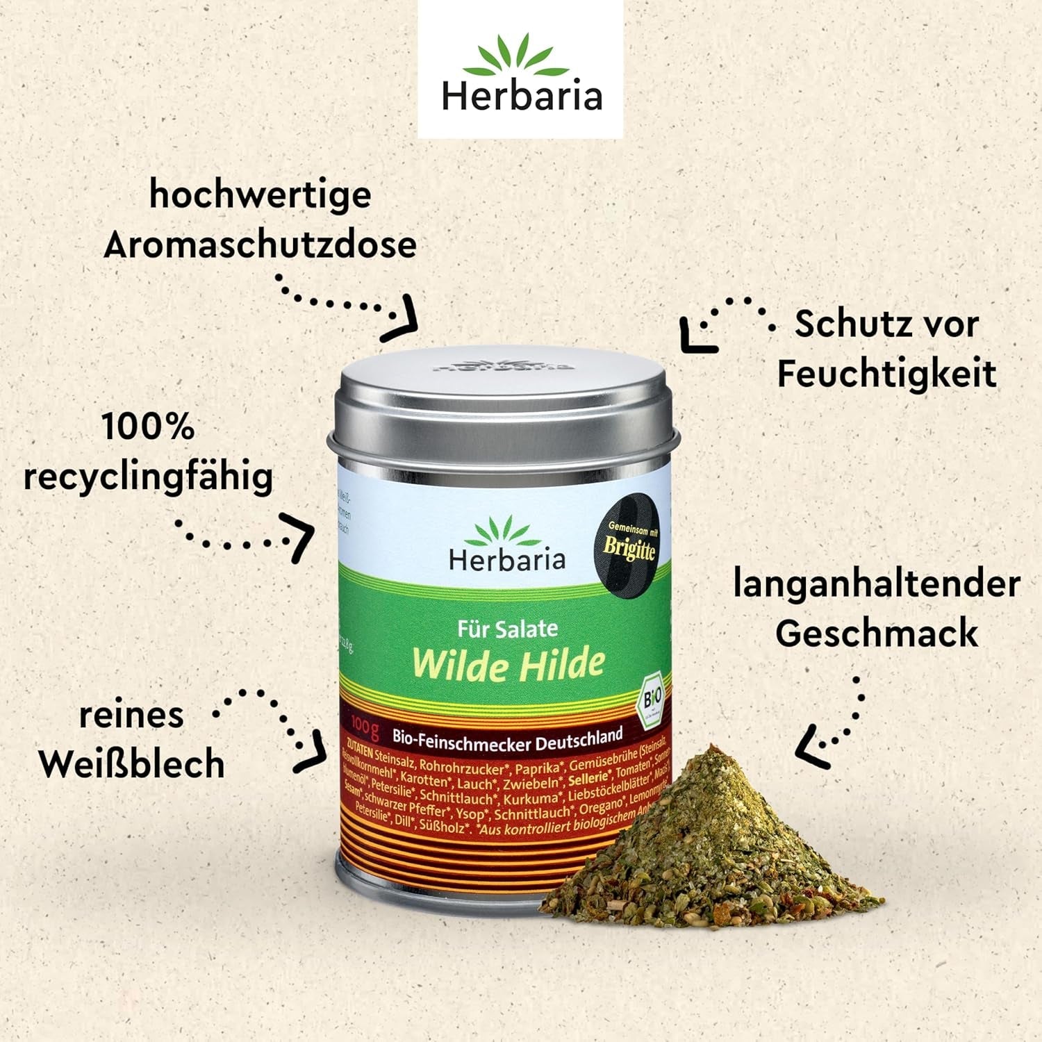 Herbaria Wilde Hilde bio 100g M-Dose-fertige Bio-Gewürzmischung - Saladgewürz für ausgefeilte Salade - mit erlesenen Ingrediens - i nachhaltiger Aromaschutz-Dose