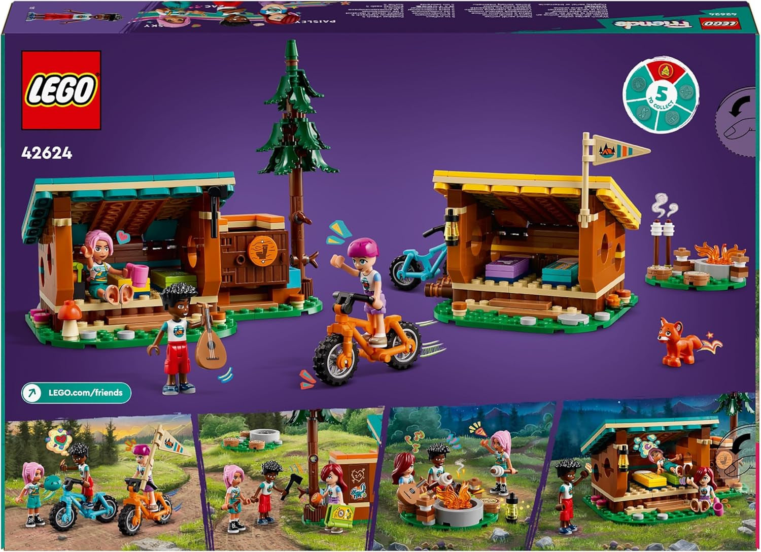 LEGO Friends hyggelige hytter på eventyrlejr, udendørs rollelegesæt, børnelegetøj til piger og drenge fra 7 år med 3 figurer og ræv, campinglegetøj 42624 Byggesæt Besuche den LEGO-Store