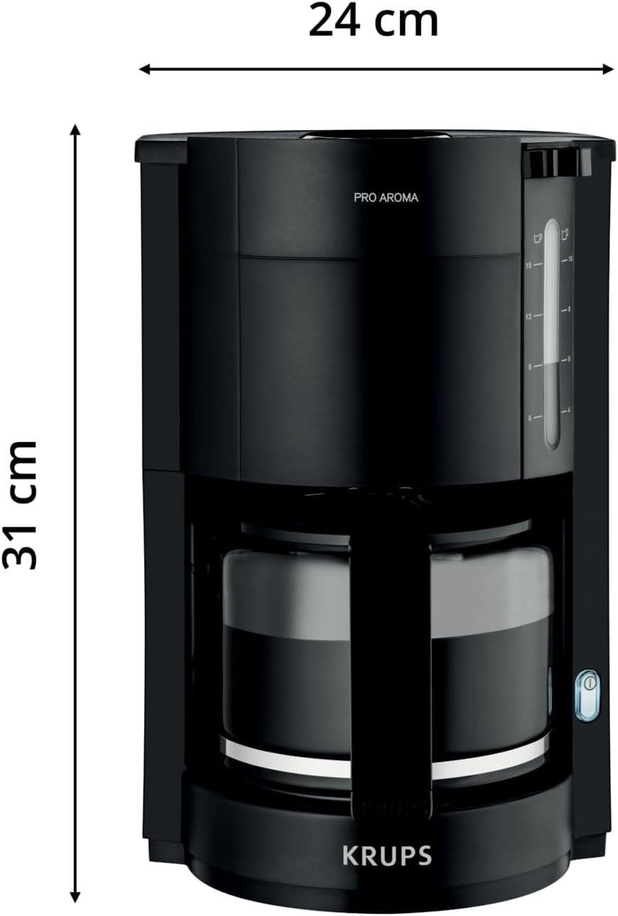 Krups F30908 ProAroma Espressomaskine med filter og glaskaraffel, kapacitet 1,25 l, 10-15 kopper, 1050 W, sort