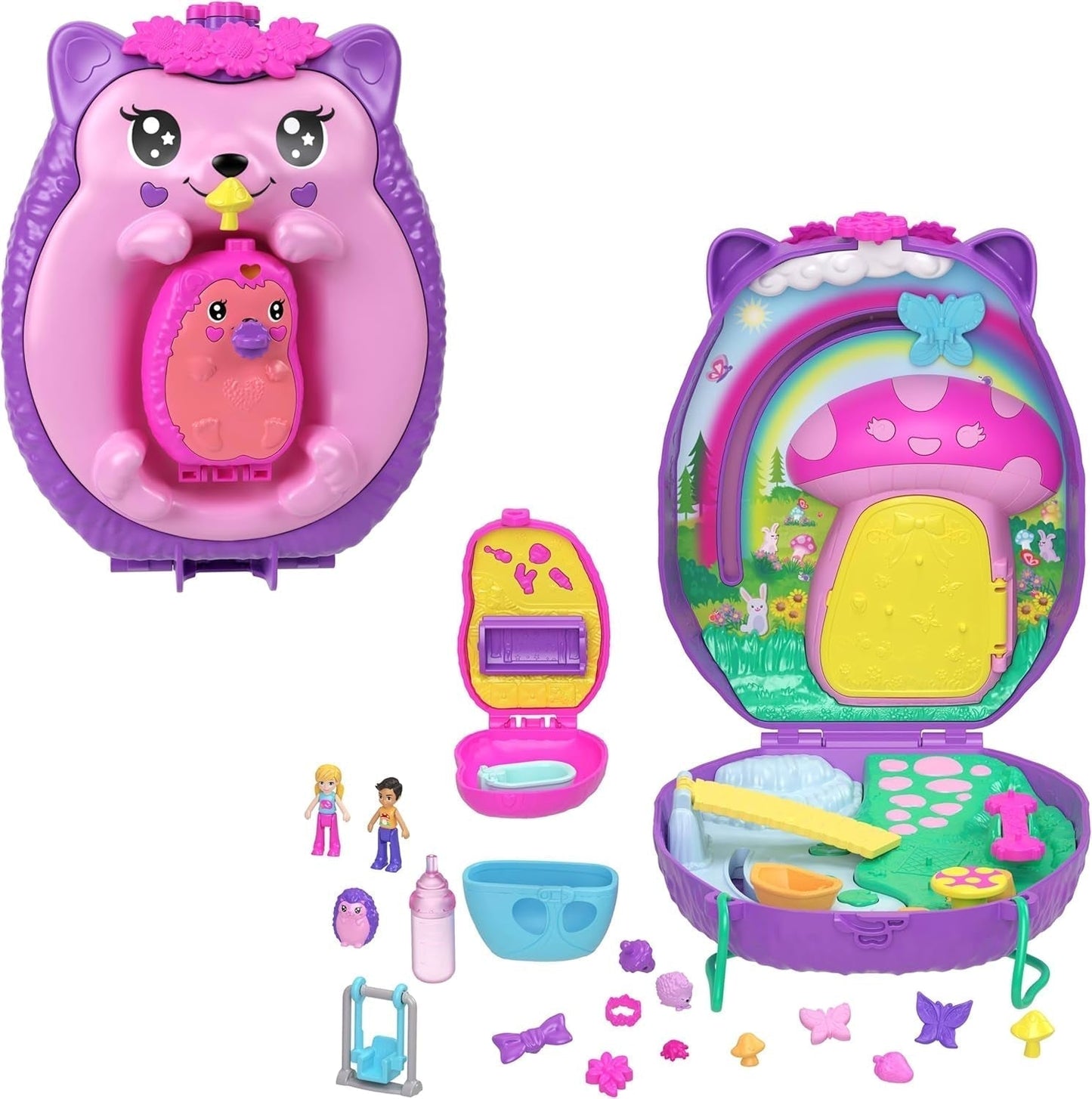 Polly Pocket GKJ64 - Bærbar Pineapple Pocket Box med 8 sjove funktioner, Polly og Purple dukker, 2 tilbehør og klistermærkeark; legetøj til børn fra 4 år og derover Pupusi Naty Shop Mamma pindsvinebarn