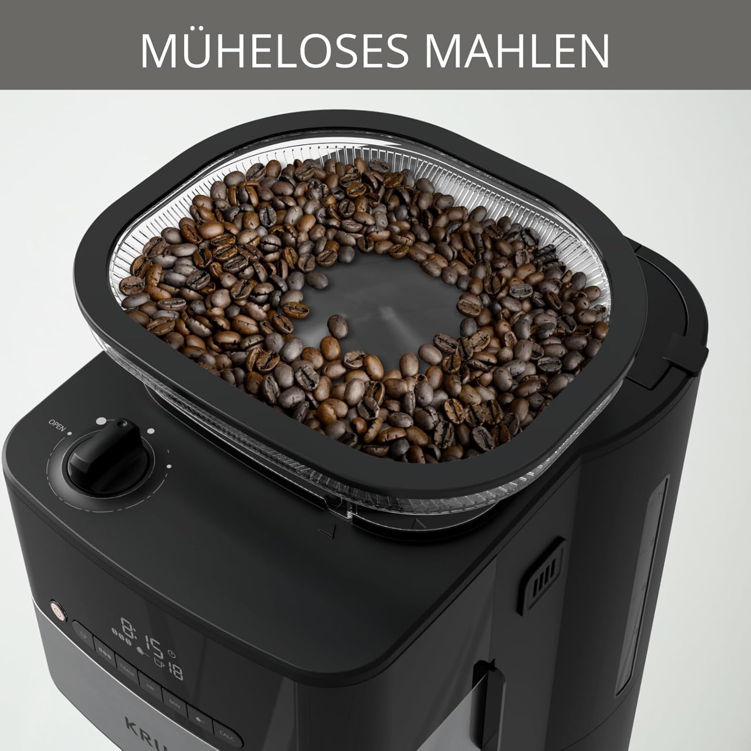 Krups Espressomaskine KM8328 Kværn med kværn | 24 timers timer | Kornbeholder 180 g | Kapacitet 1,25 l til op til 15 kopper kaffe | Autosluk funktion | 3 maleindstillinger | Sort