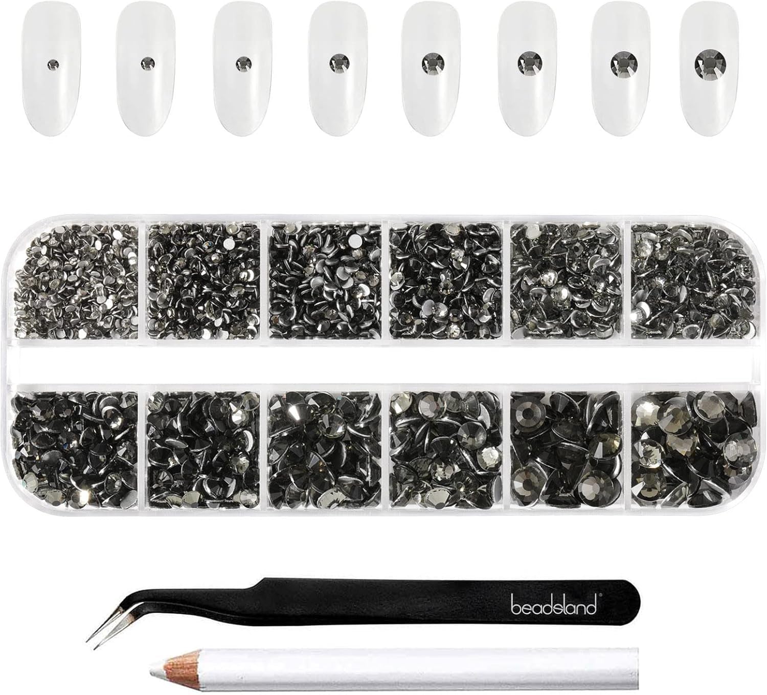 Beadsland 2500 stk Glas Nailart Strasssteine ​​​​Kristall Flatback Edelsteine ​​​​Runde, ​​Für Handwerk Gemischt 8 Größen SS4 ~ SS30 Mit Picking Pinzette Und Stift (Kristall Weiss)