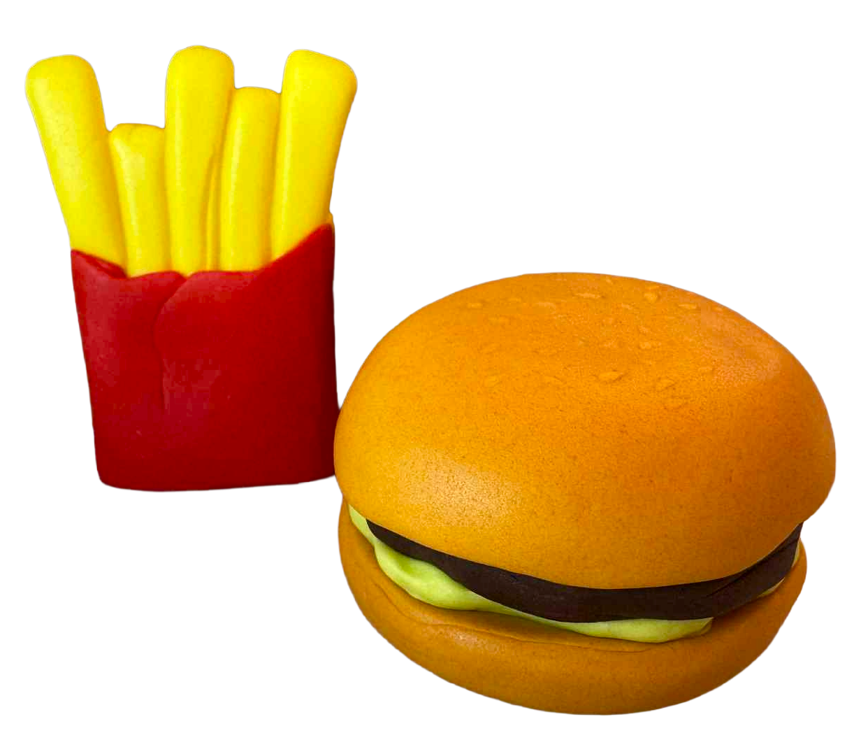 SweetJoy spiselige hamburger- og kartoffelpynt - Sæt med 2 figurer lavet af sukkerpasta Ca. 6 cm