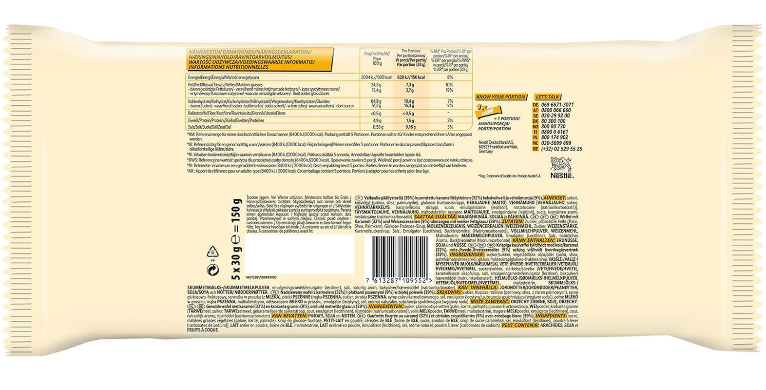 Nestlé LION Multipack, chokoladebarer med hvid glasur, lækkert karamelfyld og sprød oblat, stor slikpakke, pakke med 4 (5 x 30 g hver)