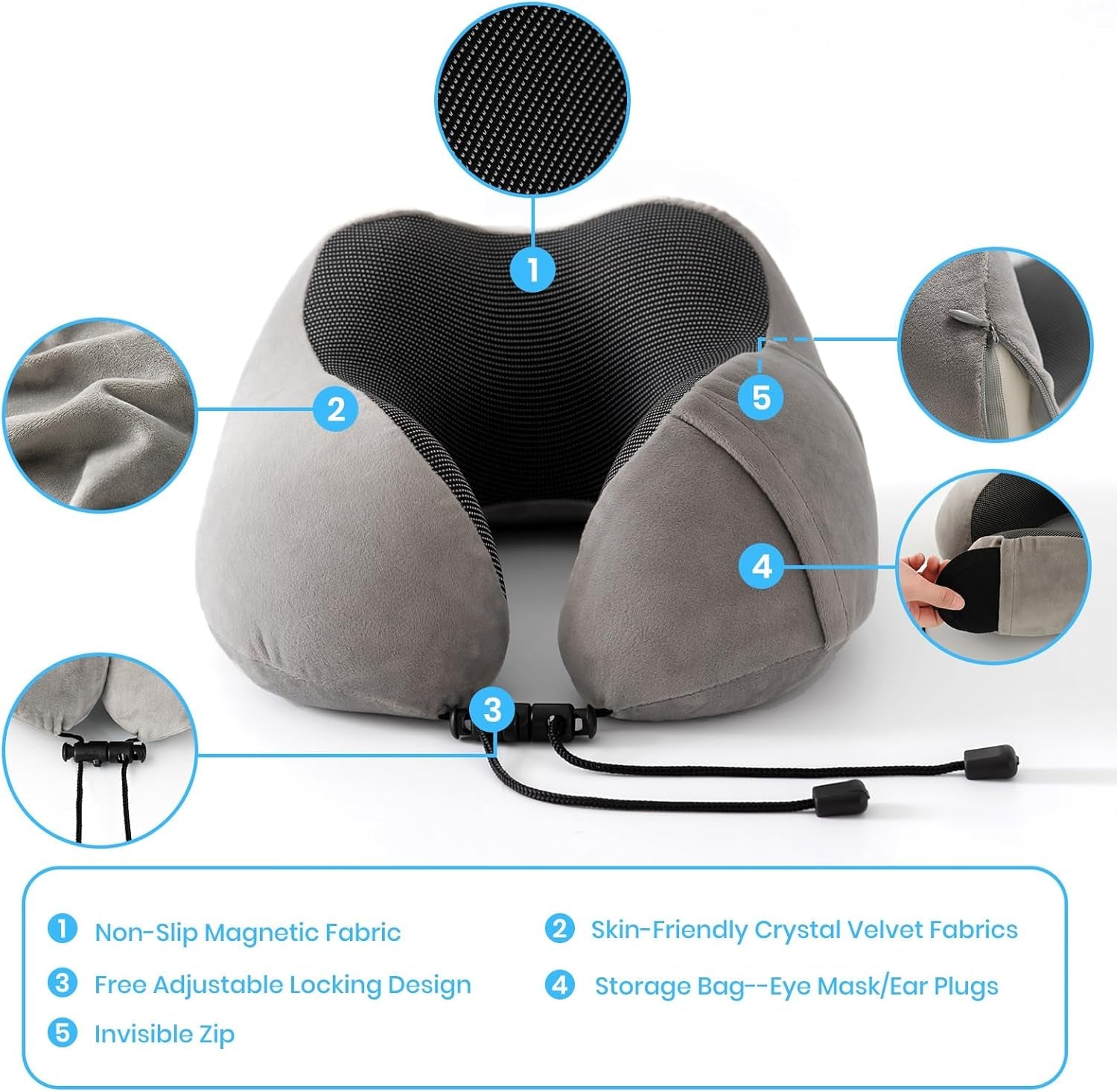 Good Nite Nakkepude Fly Nakkepude Rejsepude Voksen Nakkepude Bil Hjem Pude Hovedpude Ergonomisk Memory Skum Vaskbar med smal Ryg Justerbar Grå Rejsepuder Naty Shop