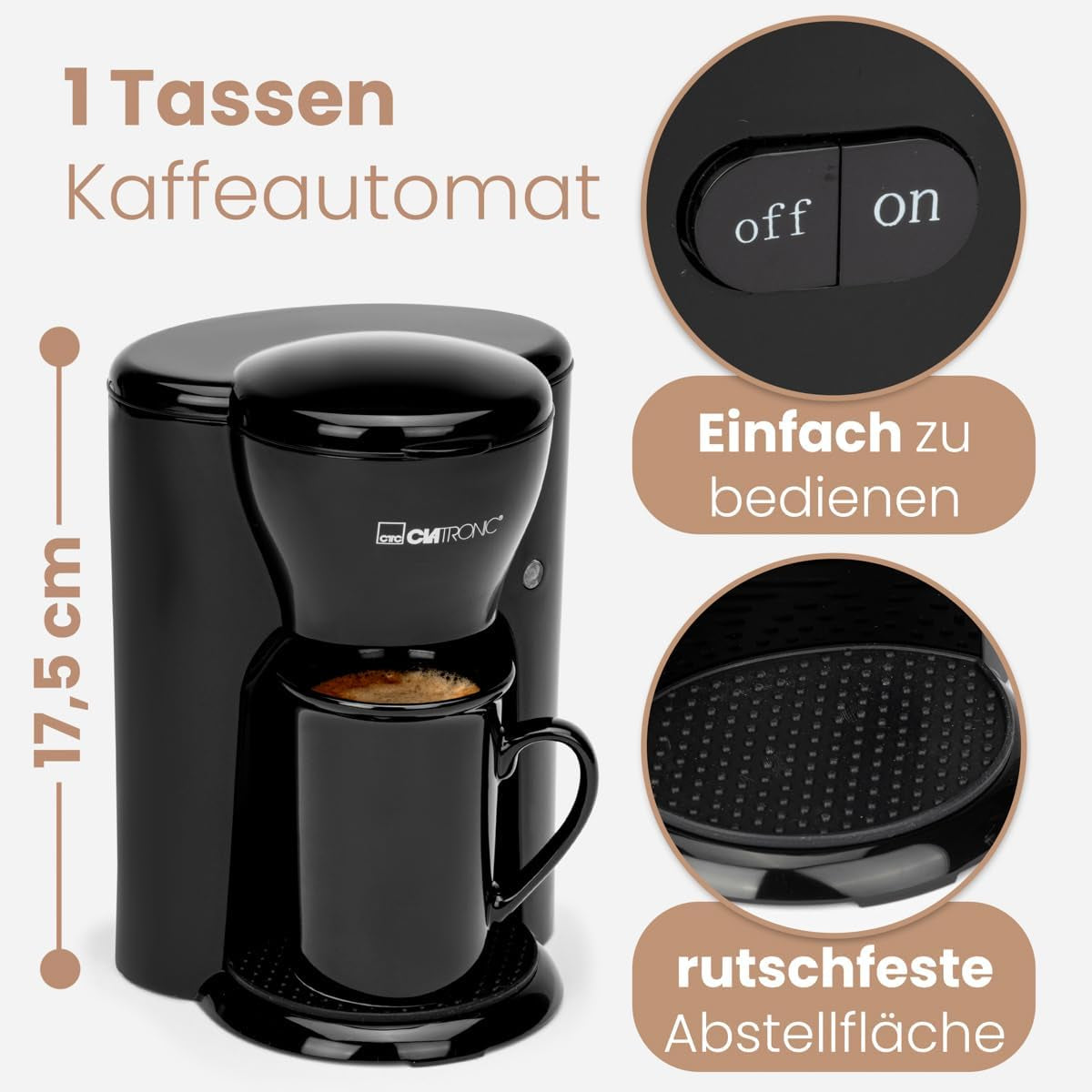Clatronic® 1-kops kaffemaskine | Perfekt espressomaskine til enlige | Espressomaskine med filter, inklusive keramisk kop | Lille espressomaskine med filter, ideel til rejser | KA 3356