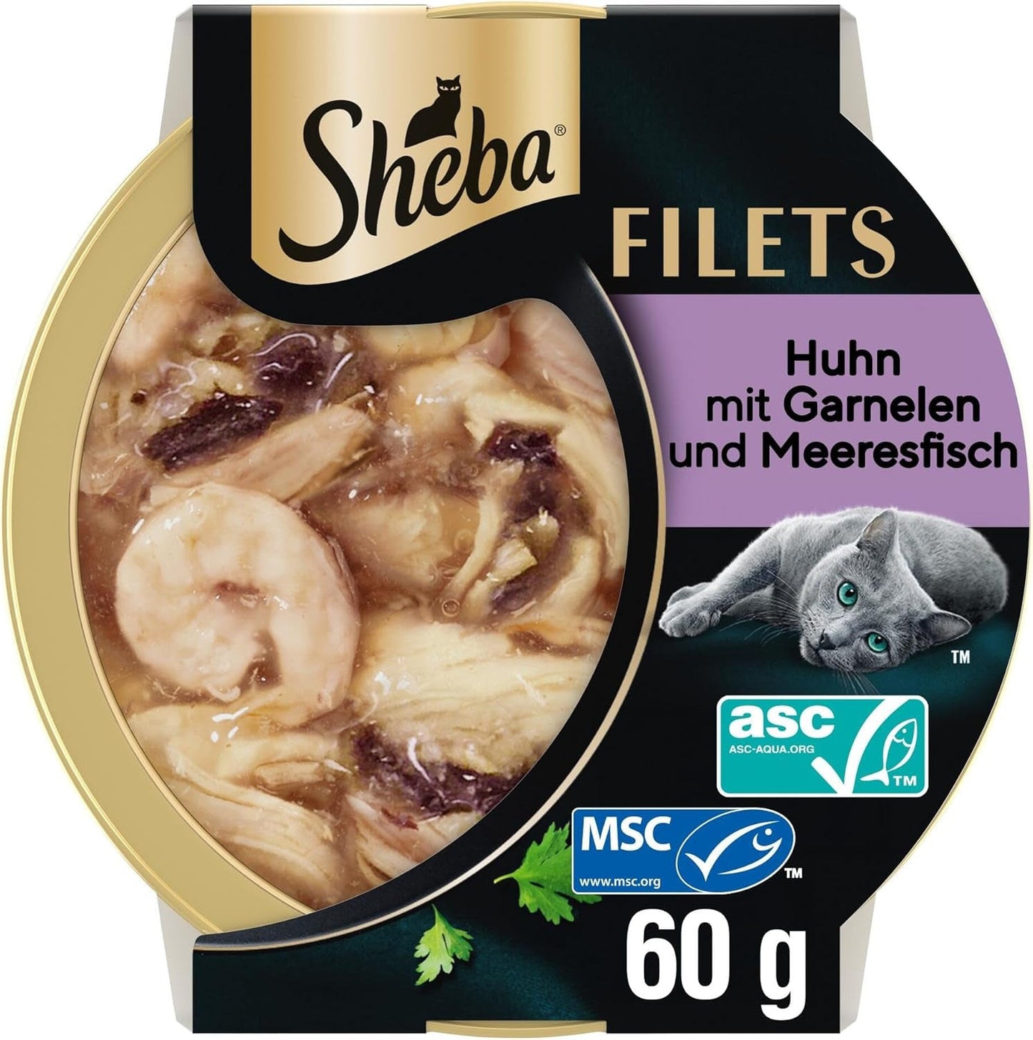 SHEBA-fileter Voksen Katzenfutter i Sauce med Kylling, Hochseefisch og Garnelen 16 x 60 g Shell