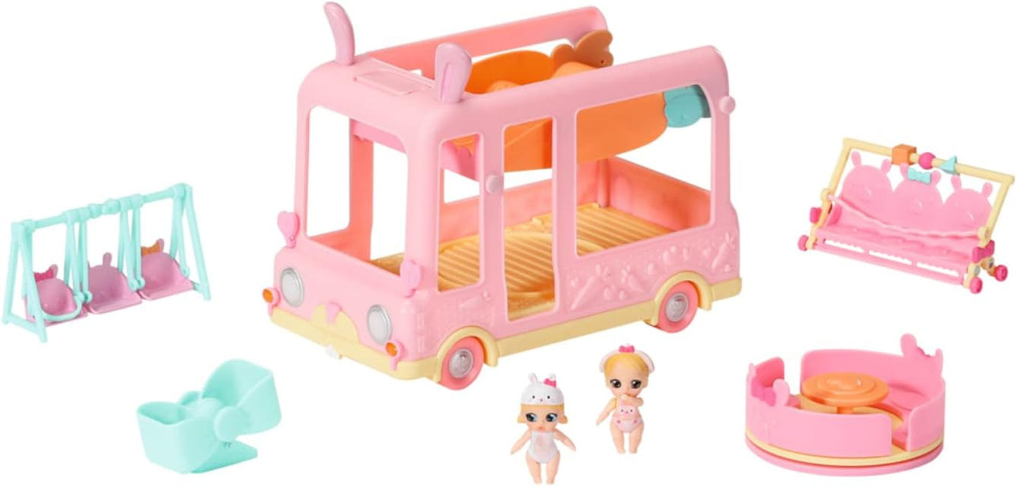 BABY født 904763 Baby Surprise Bus - pink mini dukke legetøjsbus med 2 eksklusive dukker, tredobbelt klapvogn, gynge, karrusel, rutsjebane og tredobbelt gynge.