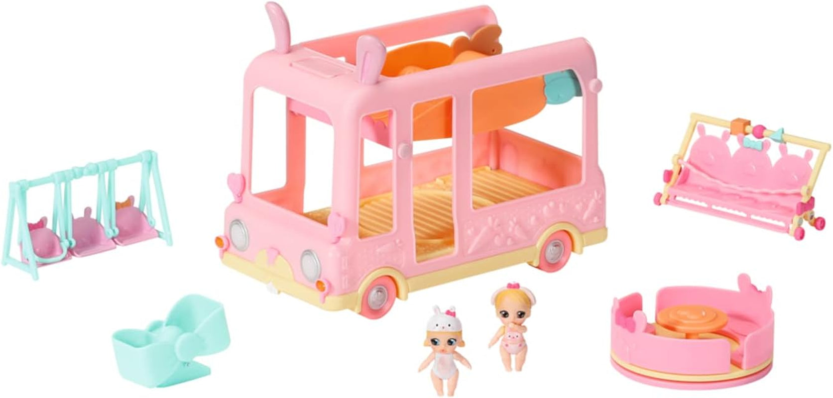 BABY født 904763 Baby Surprise Bus - pink mini dukke legetøjsbus med 2 eksklusive dukker, tredobbelt klapvogn, gynge, karrusel, rutsjebane og tredobbelt gynge.