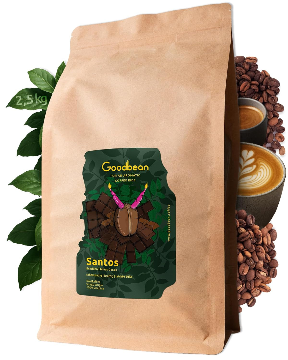 Santos | Kaffebønner 2500g - 100% Arabica fra Brasilien | til espresso, cappuccino eller stærk filtreret kaffe | Omni Stege | Klassisk kaffe - den perfekte introduktion til specialkaffe