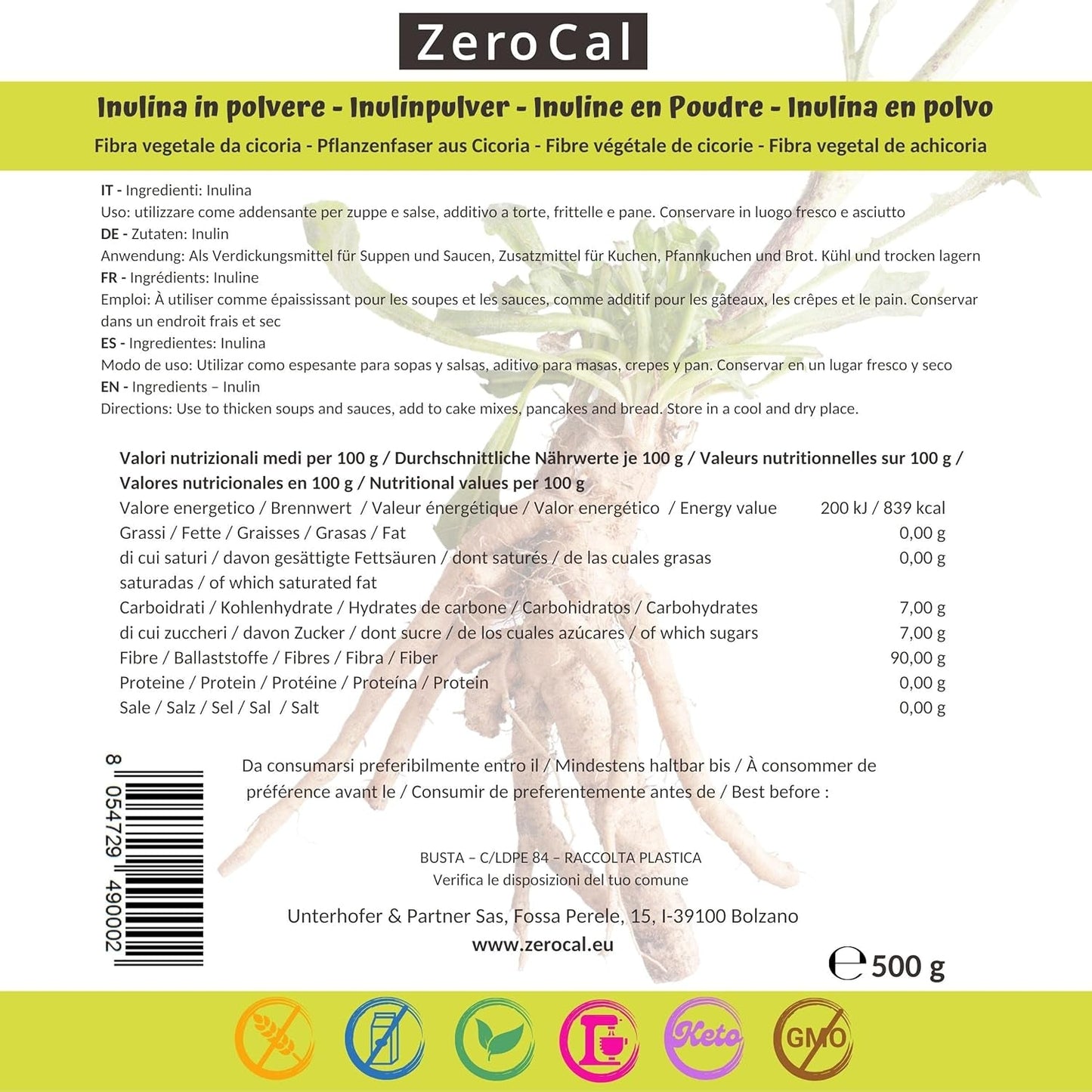 Zerocal - Inulinpulver fra cikorie-Wurzel 500 G | Inulin Mit Hohem Ballaststoffgehalt | 100 % vegansk og glutenfri | Herkunft Deutschland Sweeteners Naty Shop