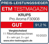Krups F30908 ProAroma Espressomaskine med filter og glaskaraffel, kapacitet 1,25 l, 10-15 kopper, 1050 W, sort