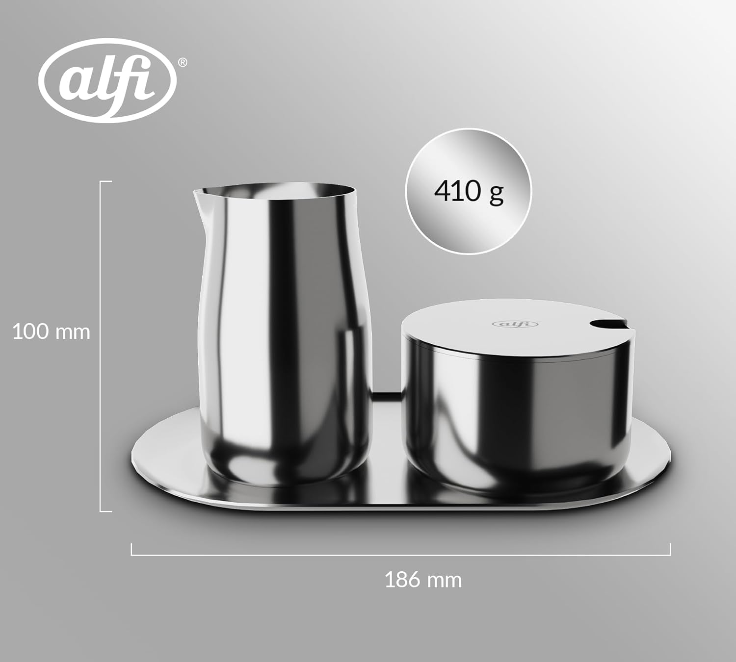 MÆLK OG SUKKER SÆT alfi højkvalitets poleret rustfrit stål mælke- og sukkersæt, elegant design, tåler opvaskemaskine, holdbart