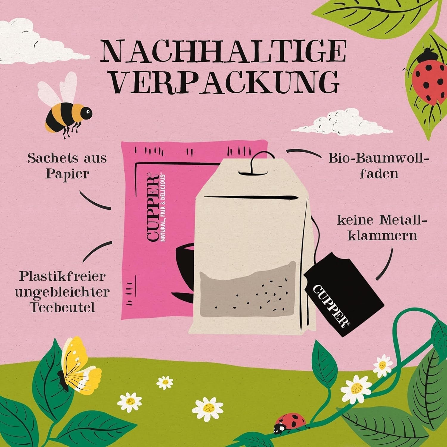 Cupper Økologisk frugt te Tranebær Hindbær | Hindbær te | 250 ublegede teposer | Big Pack | Perfekt til kontoret | Økologisk | Fair handel