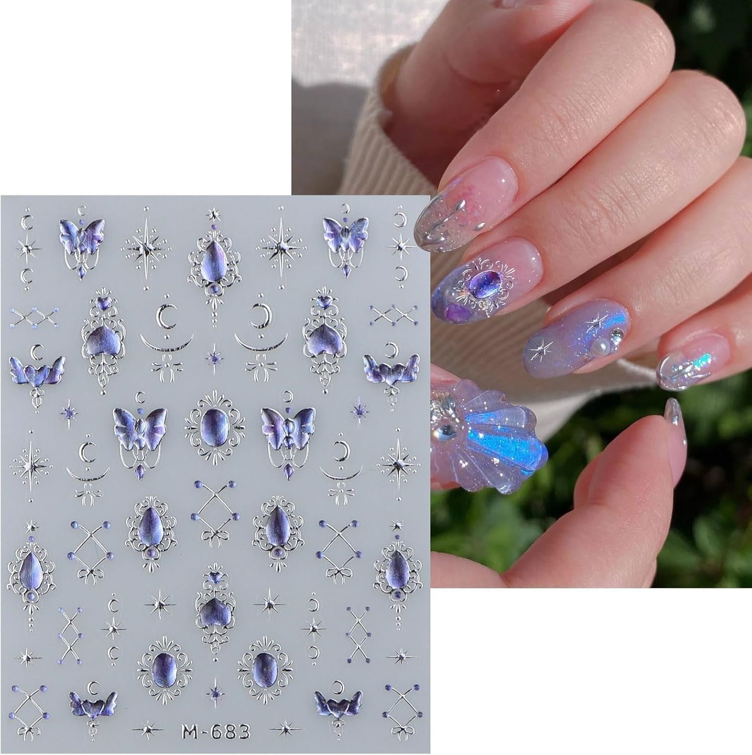 JMEOWIO 3D Nagelsticker Blauer Nail Art Sticker Selbstklebend Nagelaufkleber 5D Stereoskopisk Mondstern Dekoration Nageldesign Tilbehør 1 Blatt