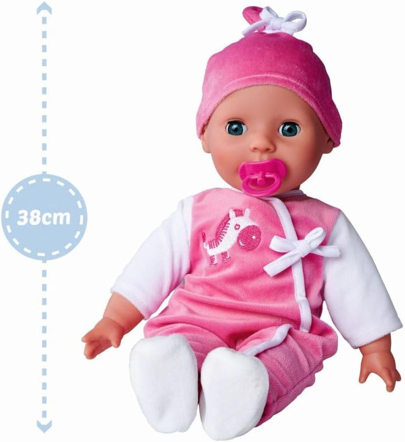 Simba 105140489 - Laura Baby Talk Doll, 38 cm blød kropsdukke med søvnige øjne i sød jumpsuit, 24 babylyde, Legedukke, Babydukke, 2+