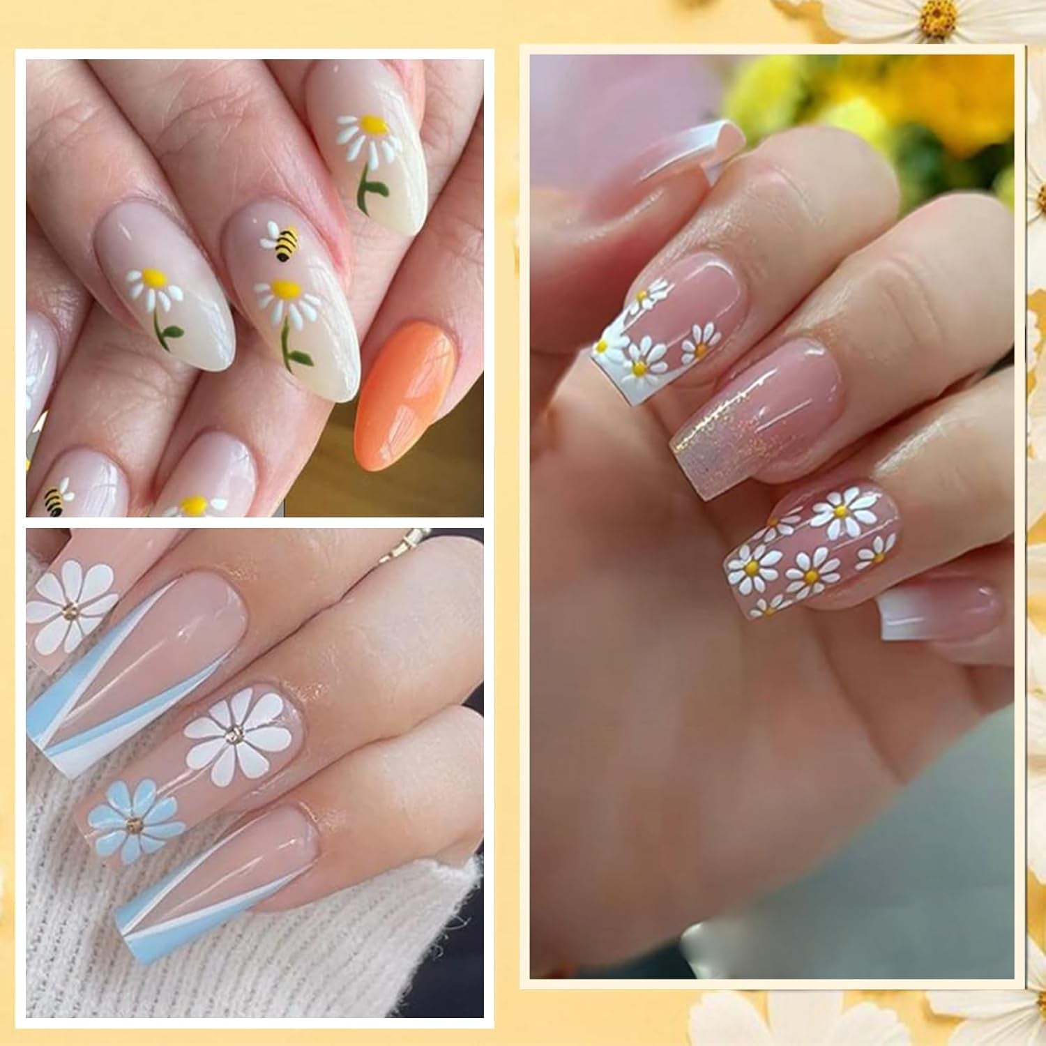 12 ark 3D-effekt negleklistermærke UV-hærdende Langtidsholdbare blomsternegleklistermærker Gul Hvid Daisy Nail Art-klistermærker