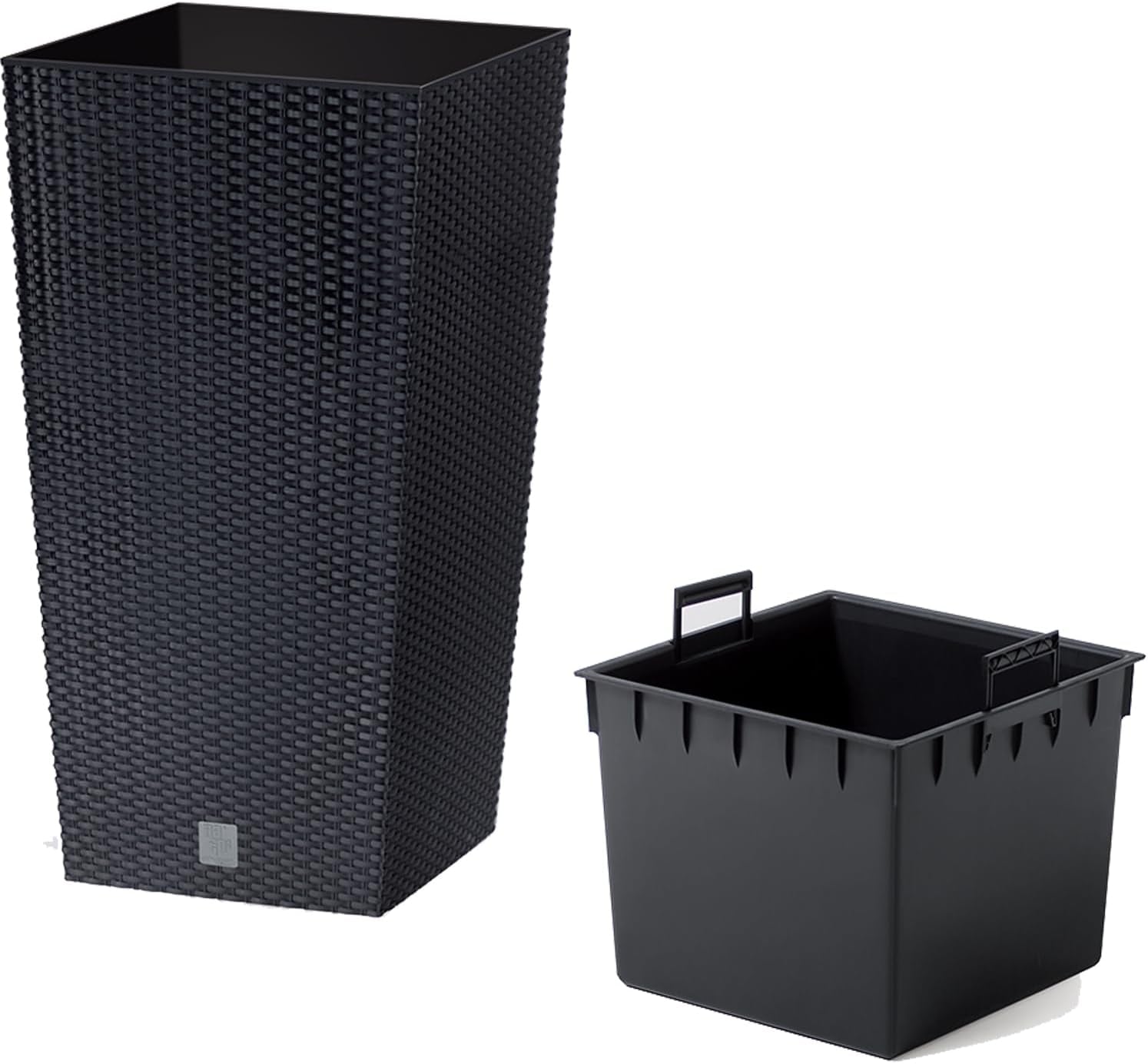 Prosperplast potter/potter i rattan-look med indsats | 26,5 x 26,5 x 50 cm | antracit | vejr- og UV-bestandig | lavet af robust plastik | til indvendig og udvendig