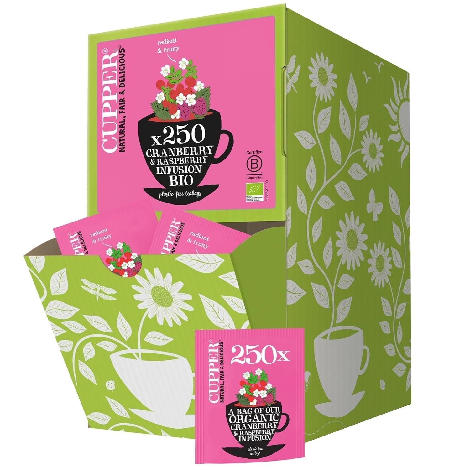 Cupper Økologisk frugt te Tranebær Hindbær | Hindbær te | 250 ublegede teposer | Big Pack | Perfekt til kontoret | Økologisk | Fair handel