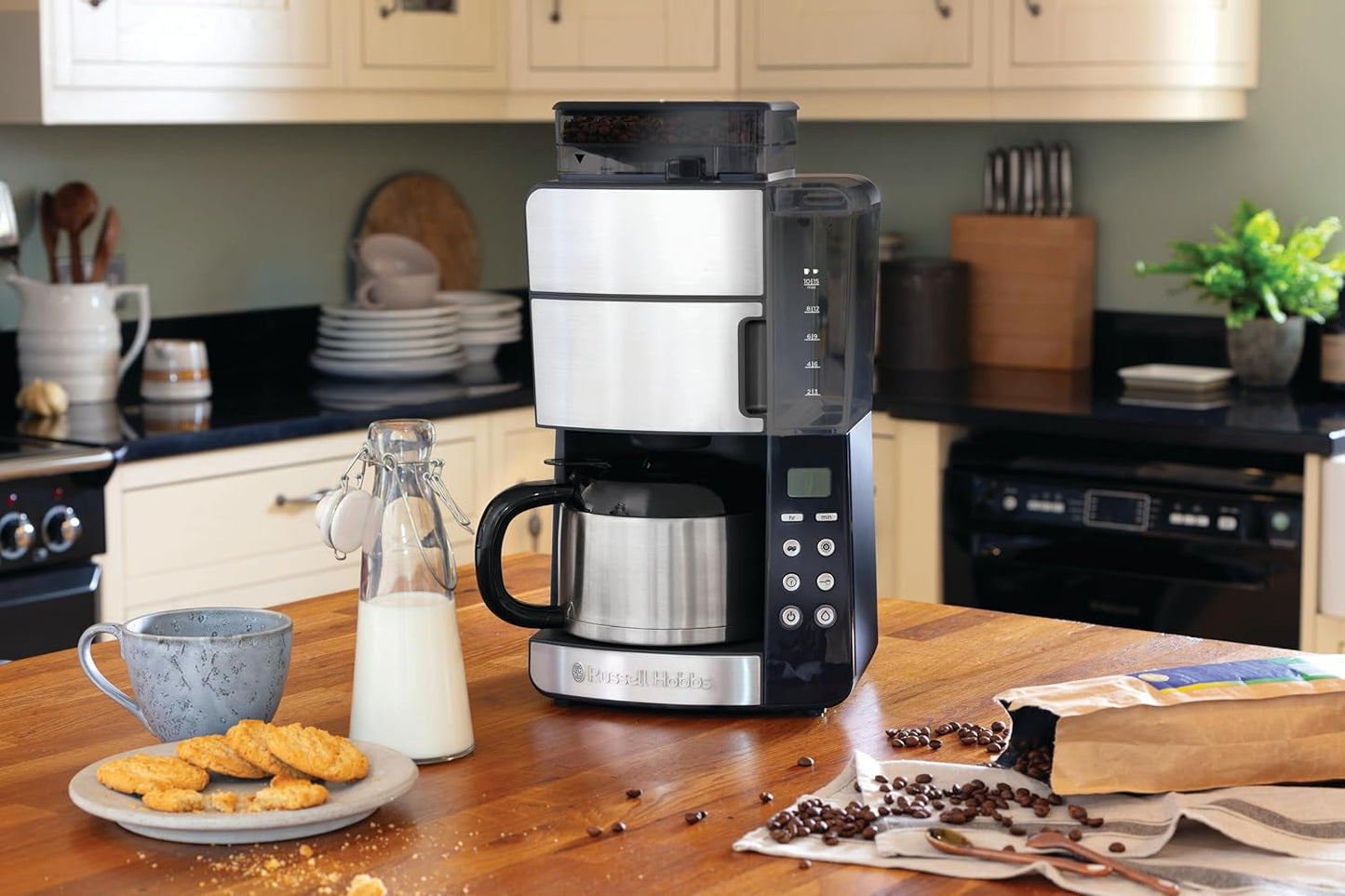 Russell Hobbs kaffemaskine med kværn og termisk karaffel [Digital timer, brusehoved for optimal udsugning og aroma] Grind&Brew (1-10 kopper, 3 maleindstillinger) Filterkaffemaskine 25620-56
