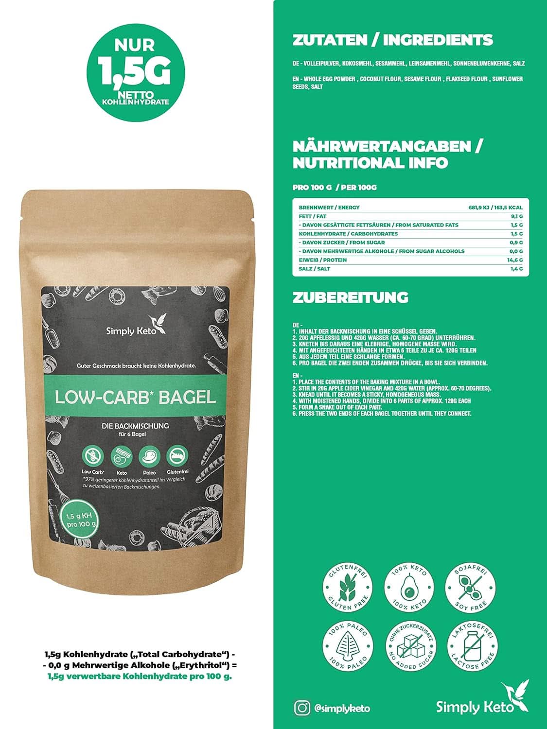 Simply Keto Lower Carb* Bagel Bage Mix til Lower Carb* og ketogen diæt - laktose- og glutenfri - 335 gram Naty Shop Kitchen