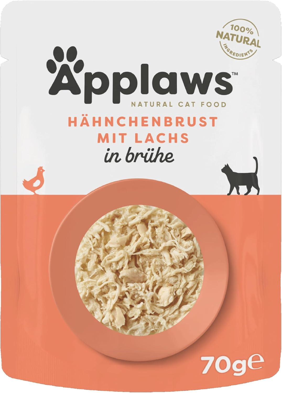 Applaws 100 % naturligt våd kattefoder, kyllingebryst med laks i bouillon - pakke med 12 70 g poser