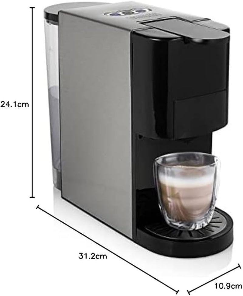 Princess 5 i 1 multikapsel espressomaskine - kompatibel med Nespresso, Dolce Gusto, Lavazza a Modo Mio og ESE puder, 0,8L kapacitet, 1450W, sølv, sort