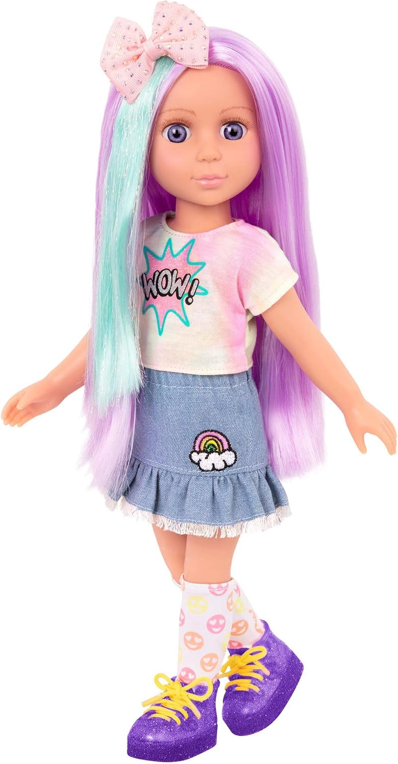 Glitterpiger - Luma - 36 cm artikuleret dukke - Unikt lilla hår og lilla øjne - Hårforlængelser, sløjfe, klips og farverigt outfit - 3 år +