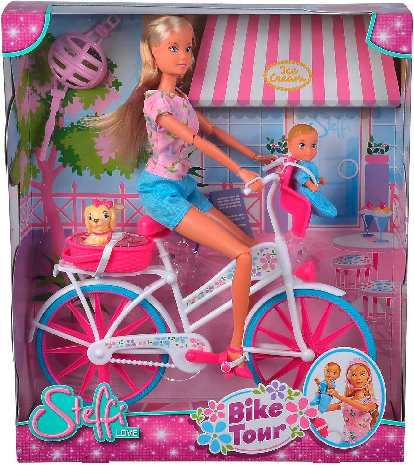 Simba 105739050 - Steffi Love Bike Tour, Steffi og Evi i deres tre-etagers slot med gynge, møbler og masser af tilbehør, 40 stykker, 102x90x38cm, til børn fra 3 år og opefter