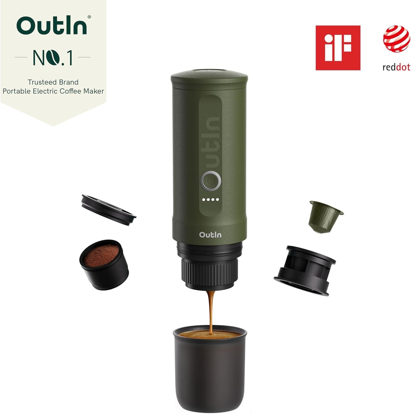 OutIn Nano bærbar elektrisk espressomaskine, campingkaffemaskine, USB-C selvopvarmende, kompatibel med malet kaffe og NS-kapsler