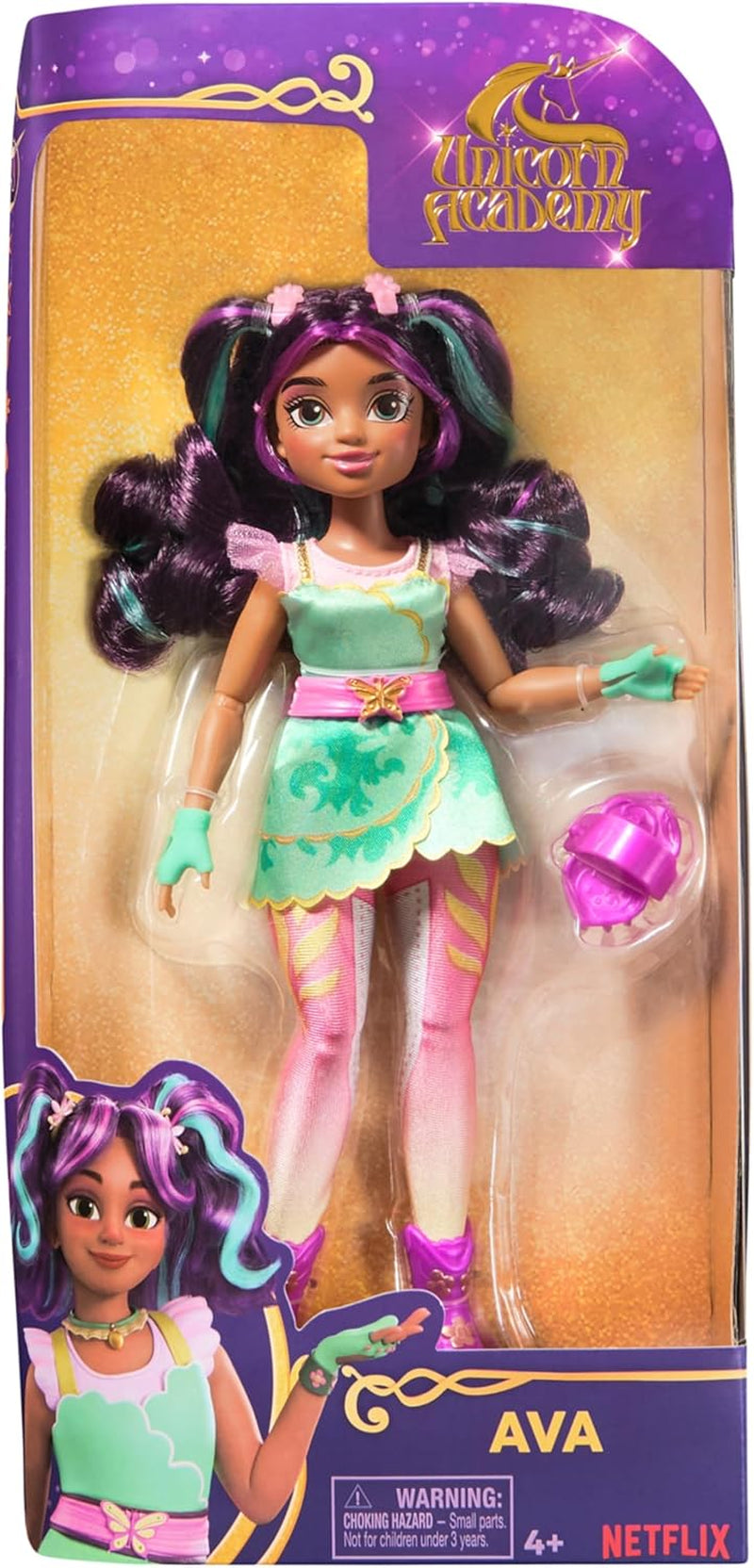 Unicorn Academy Ankleidepuppe Ava - die Originalpuppe zur beliebten Netflix-Serie, 24 cm stor og med 7 tilbehør til fantasifulde roller, for børn i 4 år