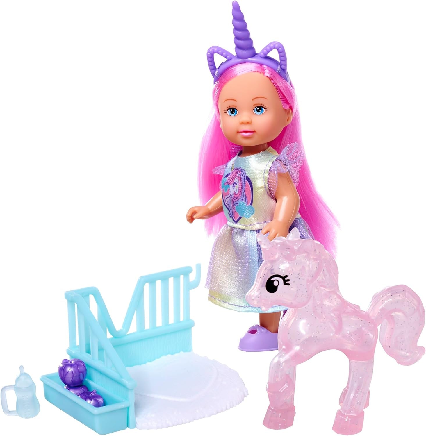 Simba Evi Love Unicorn Play Doll iført en sød enhjørningskjole med matchende pandebånd, inklusive en enhjørning med stald, æbler og en drikkedunk, 12 cm, i alderen 3+