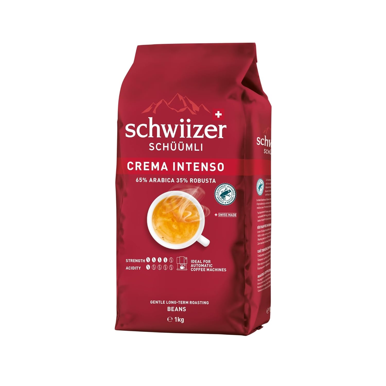 Schwiizer Schüümli Intenso, Arabica/Robusta kaffebønner, fyldige og intense, ideel til automatiske espressomaskiner, styrke 4/5, mellemristet, Rainforest Alliance, 1 kg