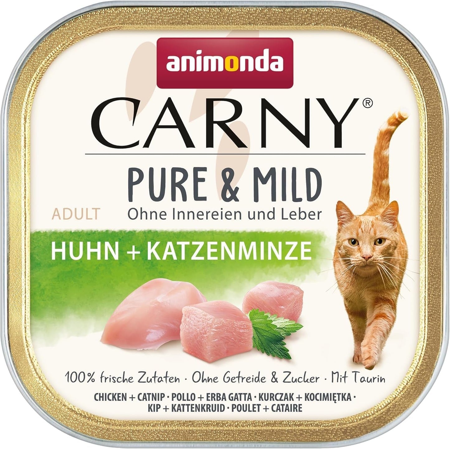 Voksen Pure & Mild våd kattefoder med kylling og katteurt (32 x 100 g), til følsomme katte, kornfri og sukkerfri, letfordøjeligt vådfoder med kylling