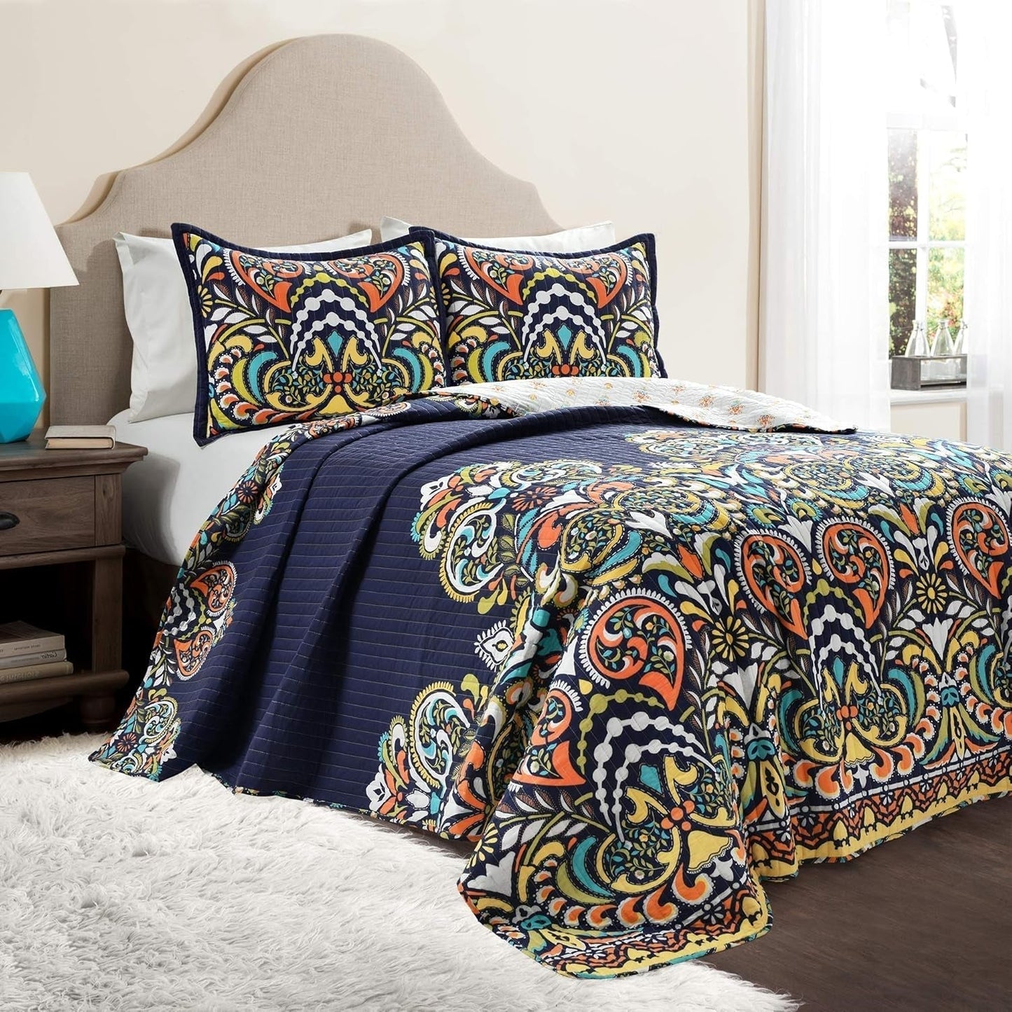 Lush Decor Clara quilt, bomuld, turkis og mandarin, Fuld/Queen Dyner og dyner Naty Shop Navy Fuld/Queen