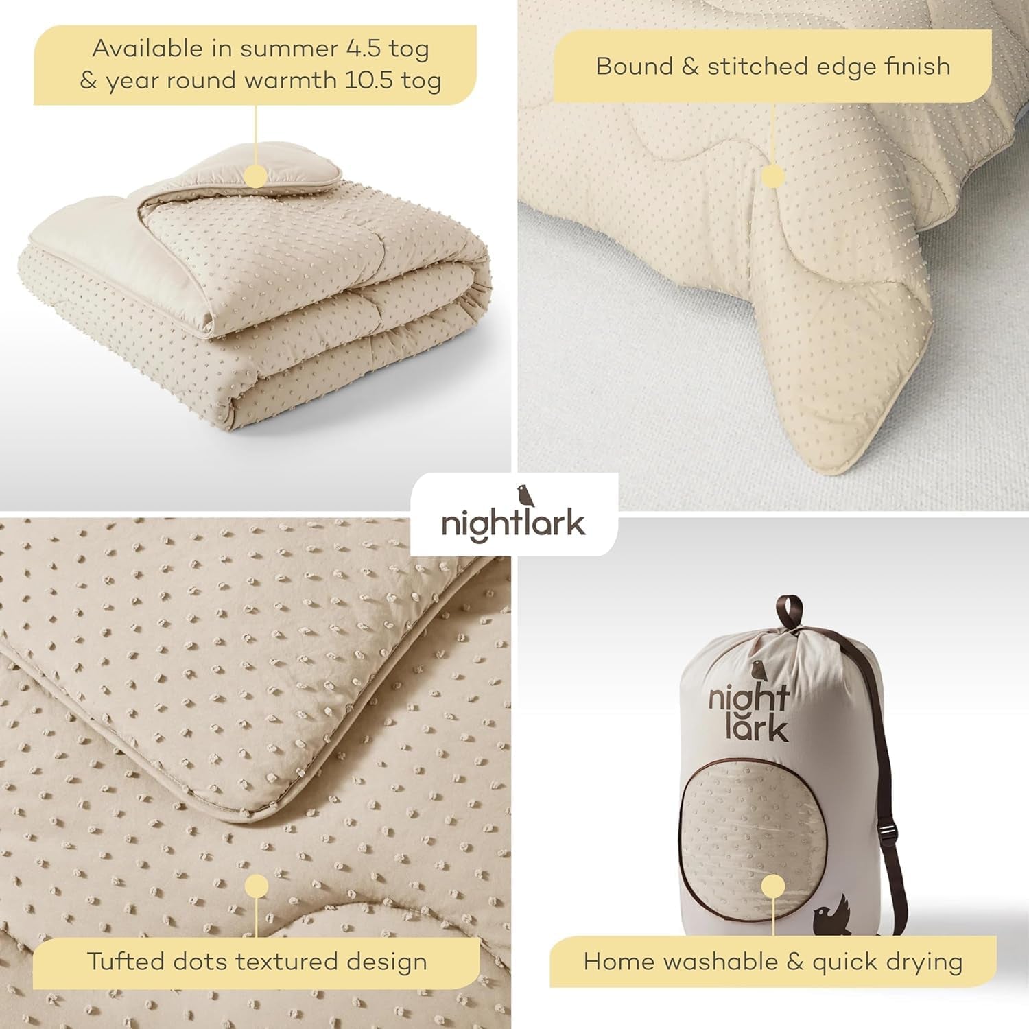 Night Lark Dyne uden betræk, 4,5 Tog, King Size, Tufted Dot Collection, Luksus sengetøj, Hypoallergenisk, Maskinvaskbar, Varme Sanddyner & Quilts Naty Shop