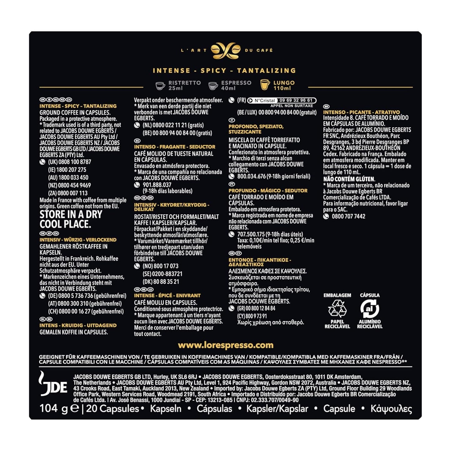 L'OR Espresso Koffiekopper Lungo Profondo (200 Lungo Koffie Kapsler, Gesicht voor Nespresso* Koffiemaskiner, Intensitet 08/12, 100% Arabica Koffie, UTZ Gecertificeerd), 10 x 20 kopper