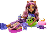 MONSTER HIGH Dukke og Sleepover-tilbehør, Clawdeen Wolf Doll with Pet Cat, Crescent, Creepover Party, HKY67